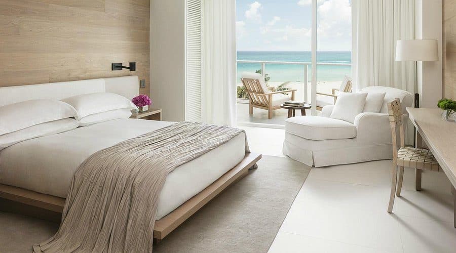 Bright Miami Beach hotel room with an ocean view